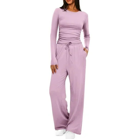 DBAIXID Women s 2 Piece Sets Fall Outfits Long Sleeve Wide Leg Tracksuits Casual Lounge Set Matching Sets Pink S | Walmart (US)