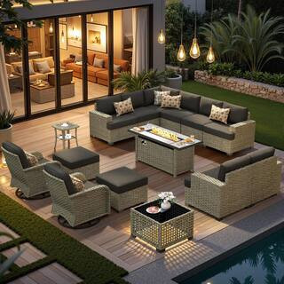 Sentinel 15-Pieces Wicker Outdoor Patio 54 in. Rectangular Fire Pit Set and Swivel Rocking Chairs with Black Cushions | The Home Depot