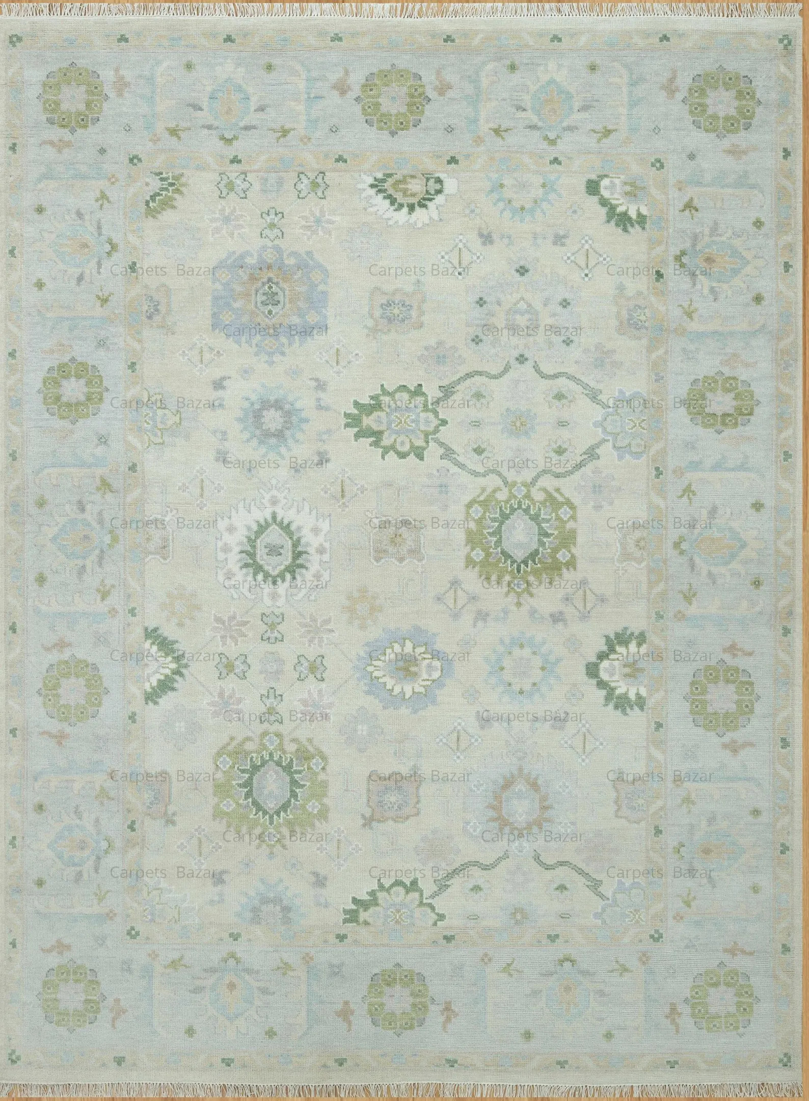 Hand-Knotted Oushak Rug — Timeless Beige & Green Wool Carpet | Etsy (US)