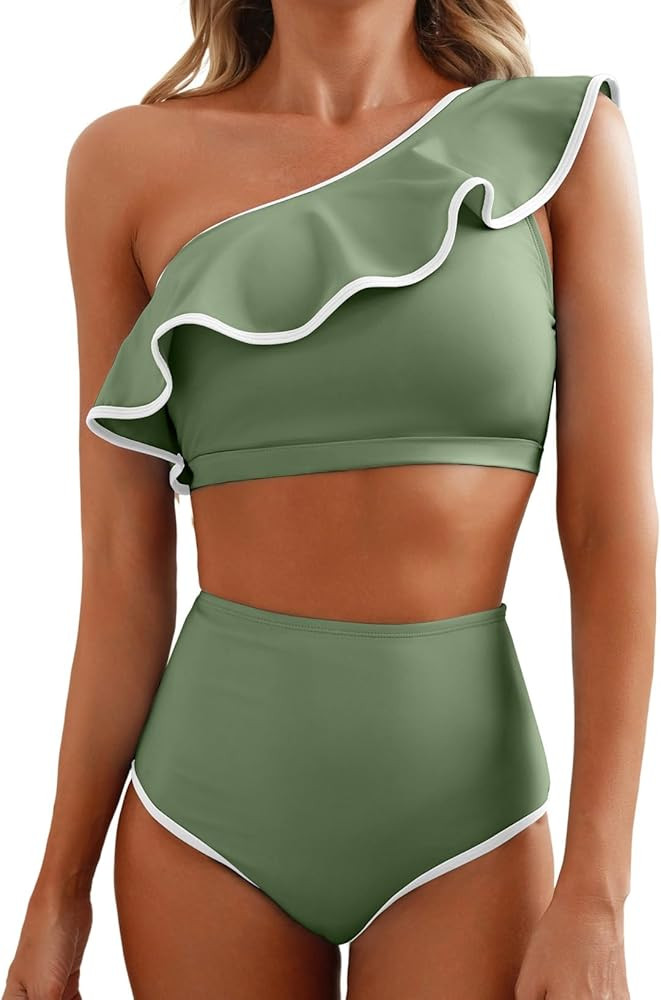 Herseas Women's One Shoulder Bikini Sets Color Block Trim Ruffle Hem Swimsuits Elegant Bathing Su... | Amazon (US)
