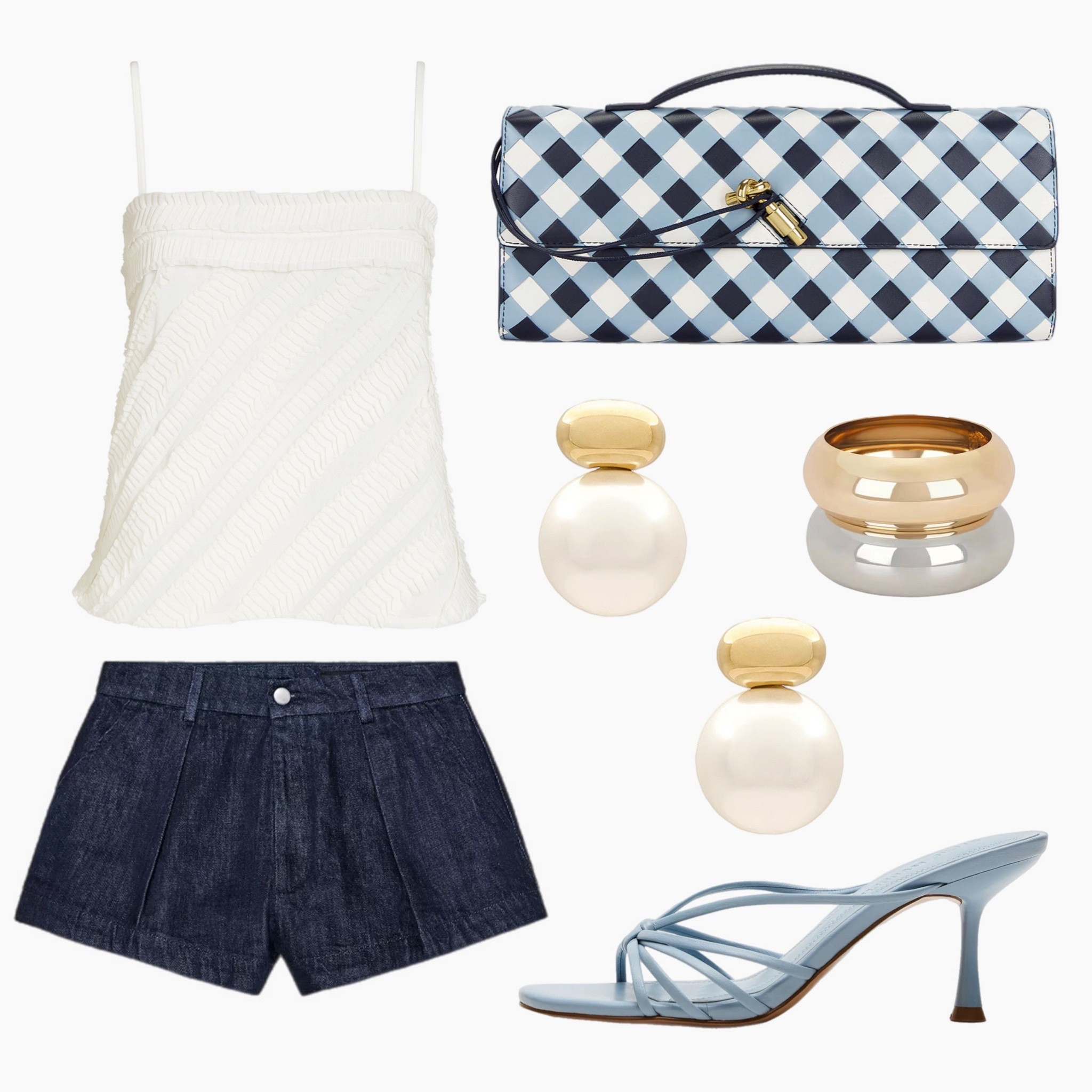 Picnic-perfect and effortlessly polished 🍒🧺 This look combines a textured ivory cami with pleated dark denim shorts, sky blue heeled sandals, and pearl drop earrings for a playful nod to classic Americana. The gingham clutch adds just the right amount of retro charm—ideal for Fourth of July plans or any summer soirée.

#FourthOfJulyStyle #GinghamBag #SummerOutfitInspo #CasualChic #LTKHolidayStyle #PearlDetails #RedWhiteAndBlue #LTKSummer #DenimShorts #PicnicOutfit #StyledByMar #LTKOutfitIdeas

#LTKItBag #LTKSummerEdit #LTKStyleTip