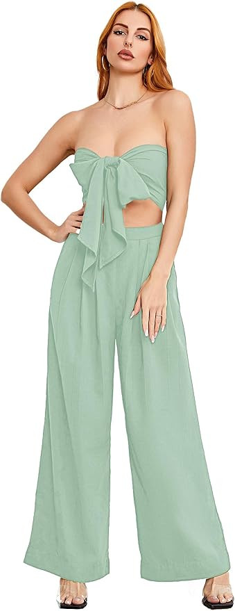 SweatyRocks Women's 2 Piece Sexy Outfits Sleeveless Tie Front Crop Top Wide Leg Pants Set | Amazon (US)