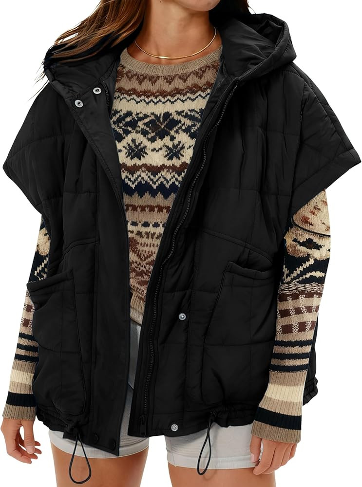 Zhiyouni Women's Quilted Puffer Vest Casual Hooded Short Sleeves Padded Jacket Poncho Outerwear | Amazon (US)