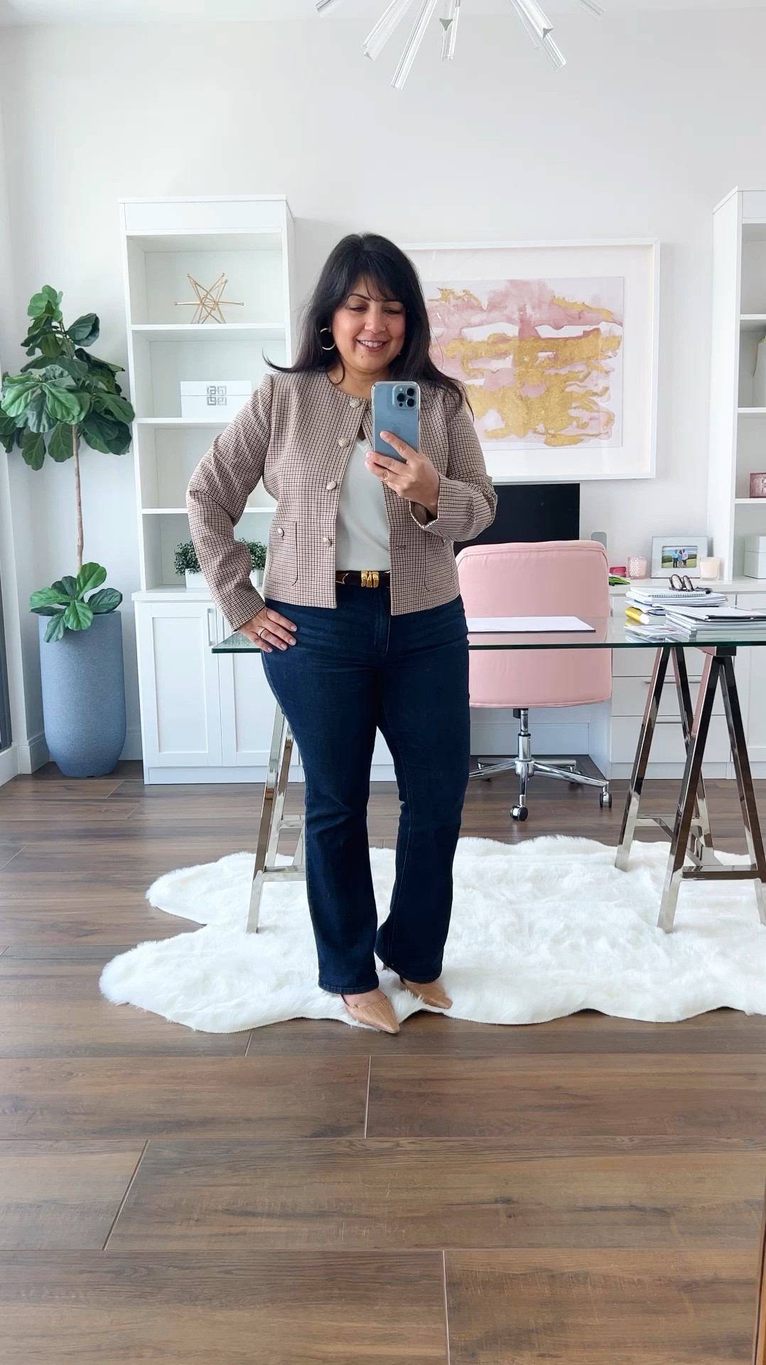 Workwear outfit! This plaid collarless blazer is so good, the fit is great and it’s on sale today for $52 + free shipping! Love the gold button details and that it’s available in both regular and petite sizes. Wearing it here in size large petite. Wit and Wisdom bootcut jeans size 12 petite. Madewell belt size large. Sam Edelman slingback heels true to size. Kendra Scott gold hoop earrings. Electric Picks necklace. Great fall outfit for workwear or casual wear! 

#LTKWorkwear #LTKWatchNow #LTKCyberWeek