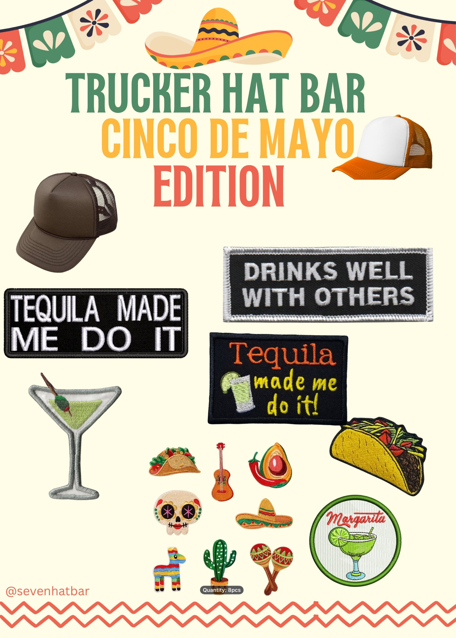 Trucker Hat Bar
Cinco De Mayo is around the corner. Make sure you are ready with these fun taco and tequila patches. 🌮🍸

#LTKstyletip #LTKfindsunder50 #LTKFestival
