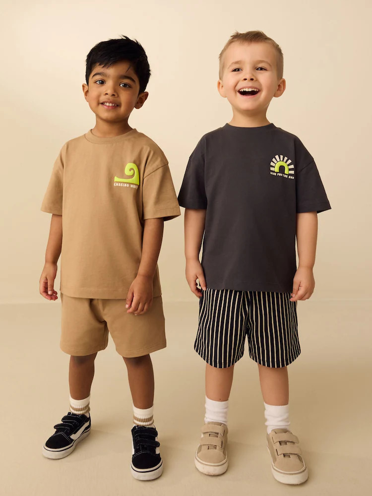 Black/Tan Waves Short Sleeve T-Shirt and Shorts Set 2 Pack (3mths-7yrs) | Next US