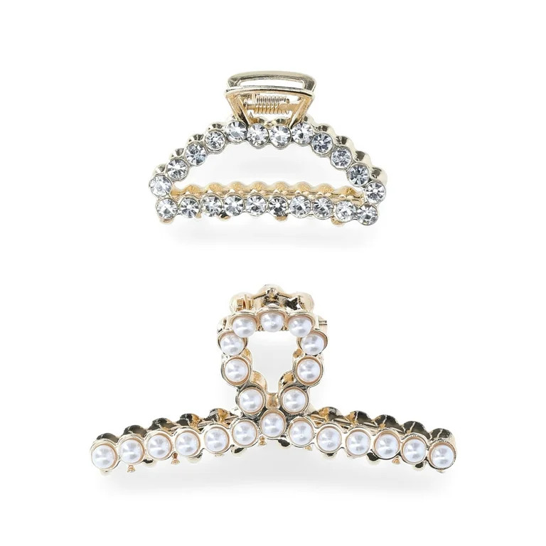 Time and Tru Women's Embellished Hair Claw Clip 2-Piece Set, White | Walmart (US)