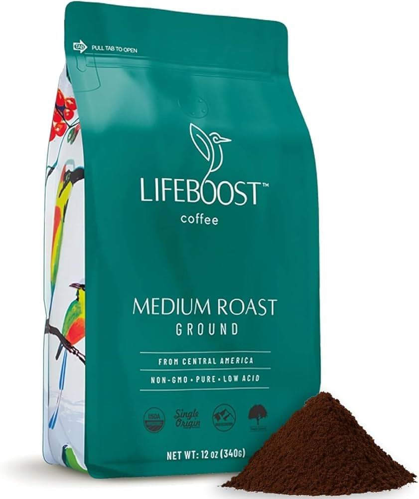 Lifeboost Coffee Ground Medium Roast Coffee - Low Acid Single Origin USDA Organic Coffee - Non-GM... | Amazon (US)