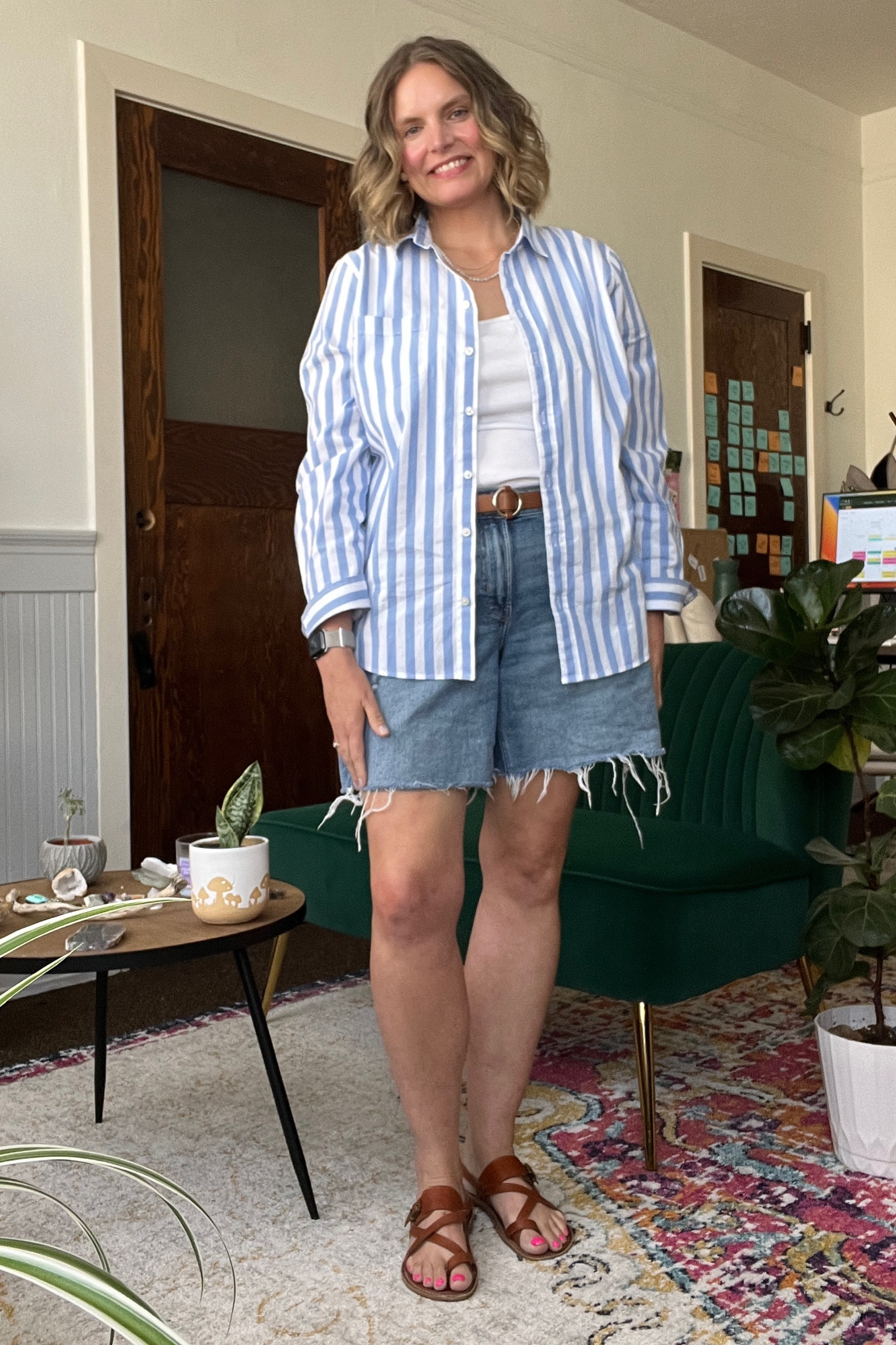 Outfit formula: striped shirt, white tank, denim shorts, sandals 

Size large button down and tank
Size 14 denim shorts 


#LTKstyletip #LTKSeasonal #LTKcurves
