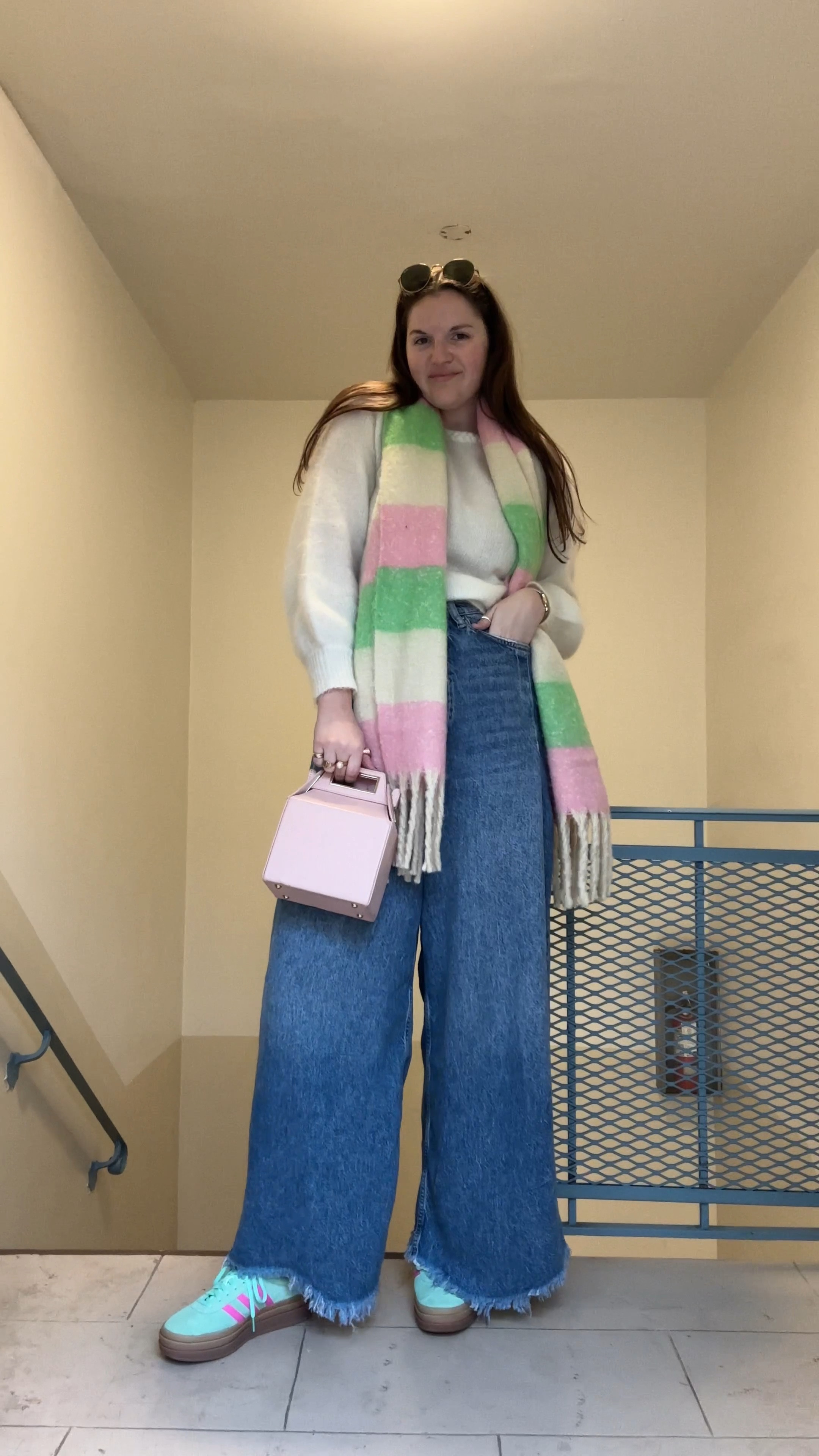 sezane annita ecru jumper, white sweater, neutrals, closet staples, Wool and kid mohair jumper with long, slightly puffed sleeves Beaded rib knit and braid along armhole and neckline Braided finish at armholes and neckline, fall / winter, We The Free Old West Slouchy Jeans in canyon blue, casual outfit, comfy clothes, free people, Only soft tassel scarf in multi color block, asos, pink, green and cream, Adidas GAZELLE BOLD SHOES, mint green and pink, comfy shoes, sneakers, spring / summer, travel, colorful fashion, light pink box bag / purse, gold jewelry from Amazon (hoop earrings, rings), rayban sunglasses

#LTKfindsunder50 #LTKfindsunder100 #LTKstyletip