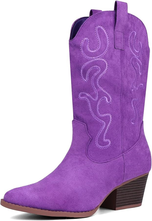 Bandkos Cowboy Boots for Women Cowgirl Mid Calf Western Embroidered Boot Low Chunky Block Heel Fa... | Amazon (US)