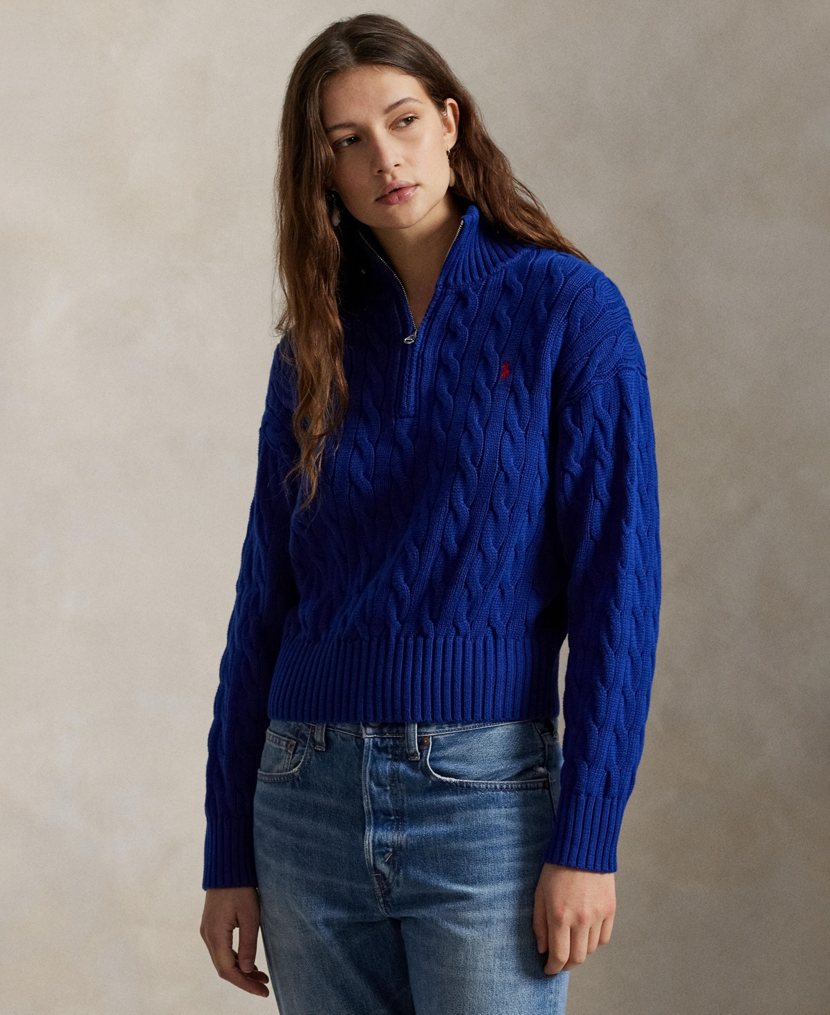 Polo Ralph Lauren Women's Cable-Knit Cotton Quarter-Zip Sweater - Sporting Royal | Macy's