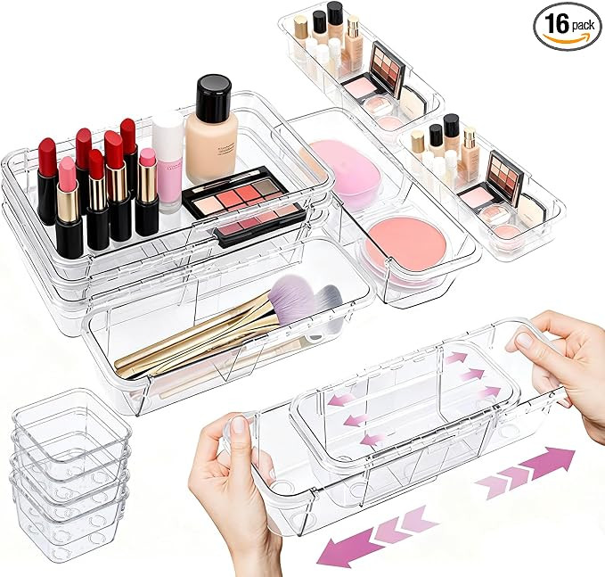 16 Pcs Upgraded Extendable Clear Drawer Organizer, Adjustable Vanity Storage Box, 3-Size Desk Dra... | Amazon (US)