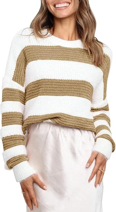 KIRUNDO Women’s Stripe Color Block Short Sweater Long Sleeve Stitching Color Crew Neck Loose Kn... | Amazon (US)