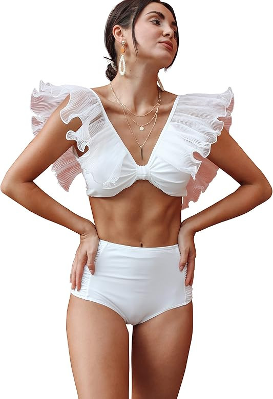 SPORLIKE Women Ruffle High Waist Swimsuit Two Pieces Push Up Tropical Print Bikini | Amazon (US)