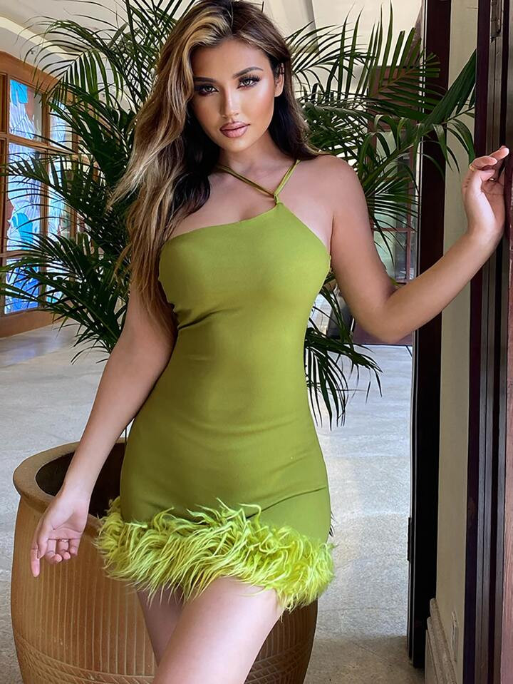 Asymmetrical Neck Fuzzy Trim Bodycon Dress | SHEIN