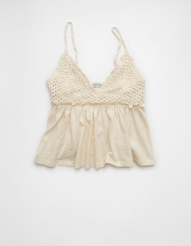 AE Sunchaser Knit Crochet Babydoll Cami | American Eagle Outfitters (US & CA)