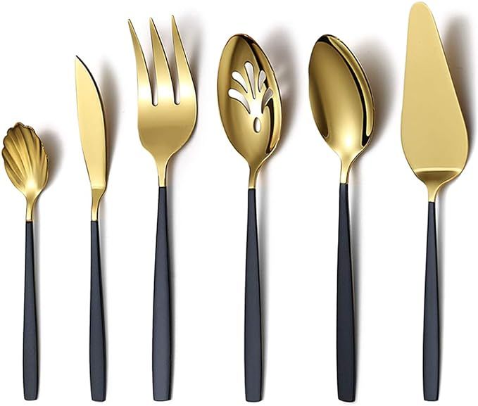 Black Gold Serving Spoon 6 Pieces, Black Gold Flatware Serving Set, Serving Utensils, Include Slo... | Amazon (US)