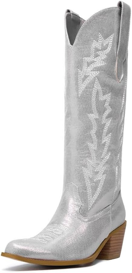 GOSERCE Cowboy Boots for Women Cowgirl Mid Calf Boots Floral Embroidery Pointed Toe Chunky Heel 2... | Amazon (US)