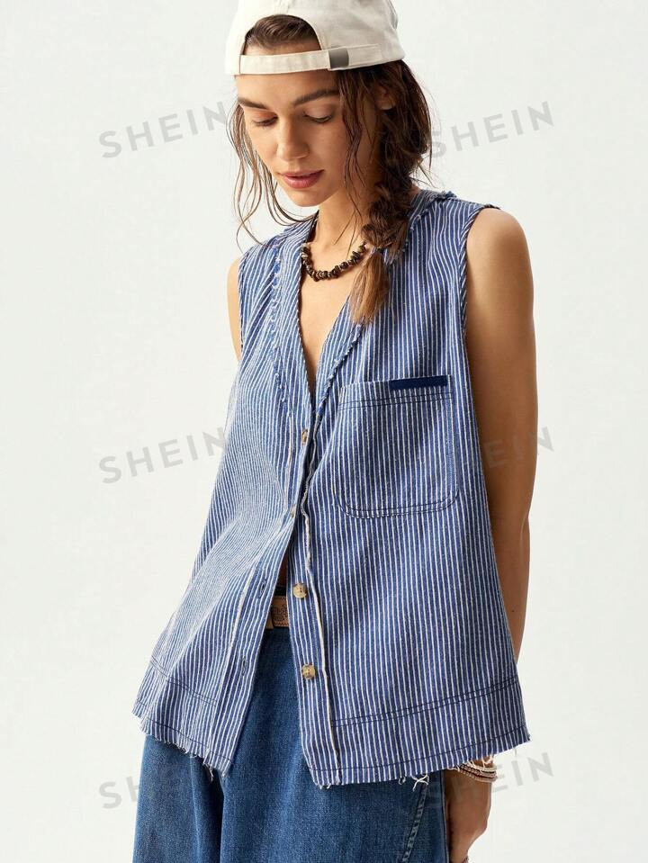 SHEIN BohoFeels Women's Blue & White Stripe Loose Vacation Tank Top | SHEIN