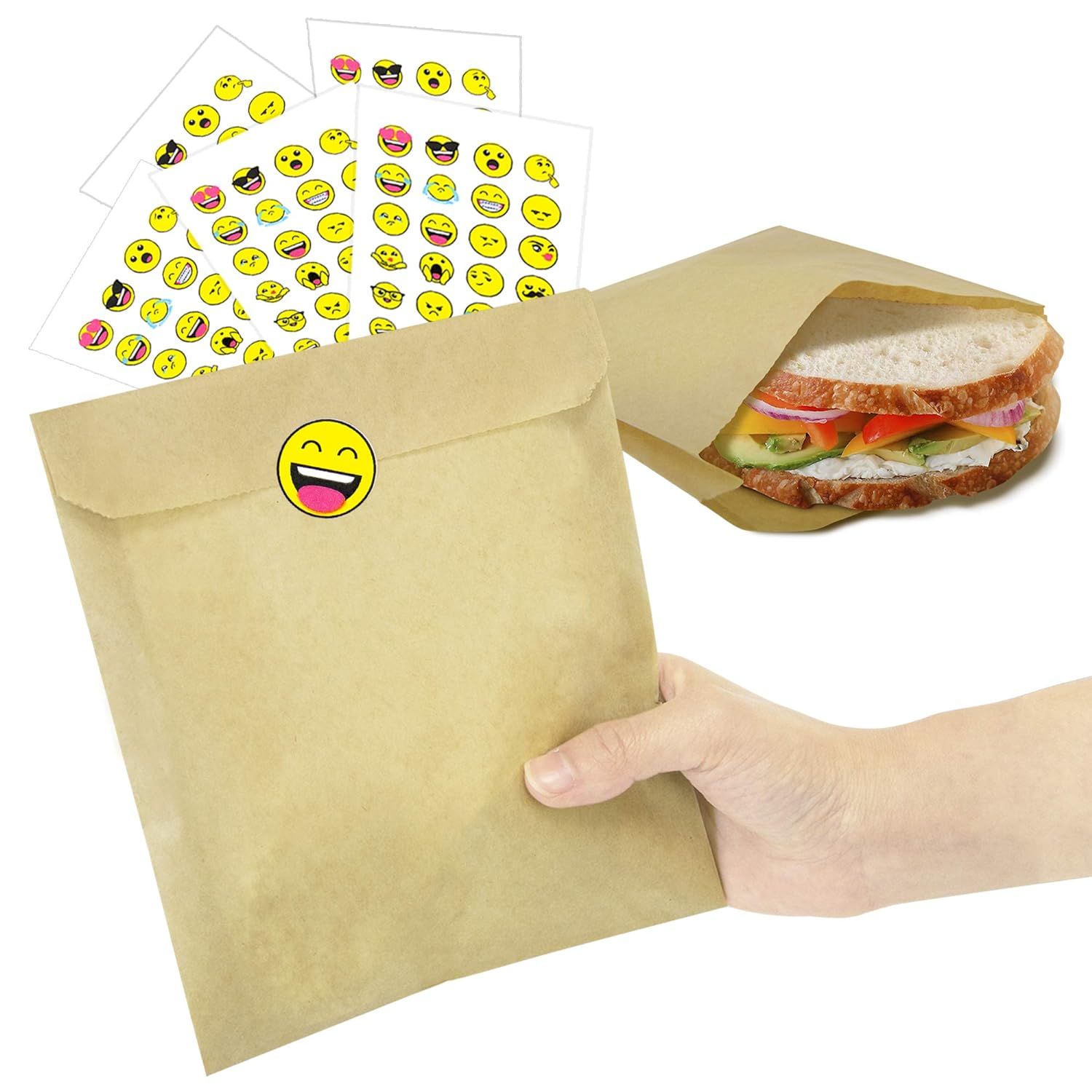 [200 Each] Wax Paper Sandwich Bags and Emoji Sticker Seal - 8.5 x 6 Inch Kraft Pastry Bag, Deli W... | Amazon (US)
