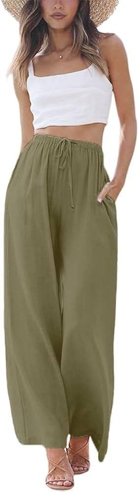 Linen Pants Women Summer Palazzo Pants Flowy Wide Leg Beach Trousers with Pockets | Amazon (US)