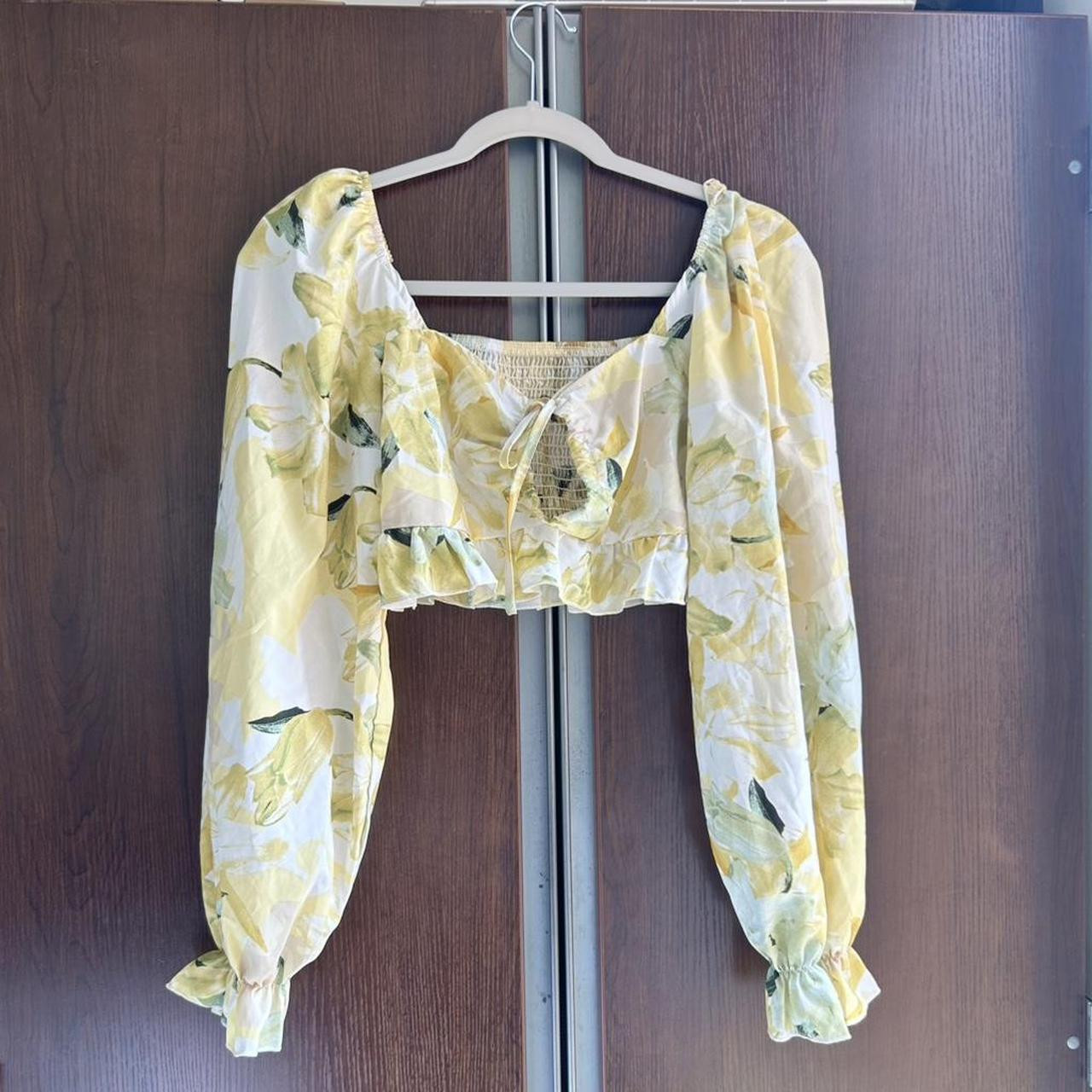 Yellow floral long sleeve crop top with ruffle... | Depop | Depop US