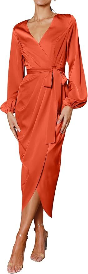 PRETTYGARDEN Women's Maxi Satin Dress Puff Sleeve Wrap V Neck Ruched Belted Long Formal Cocktail ... | Amazon (US)