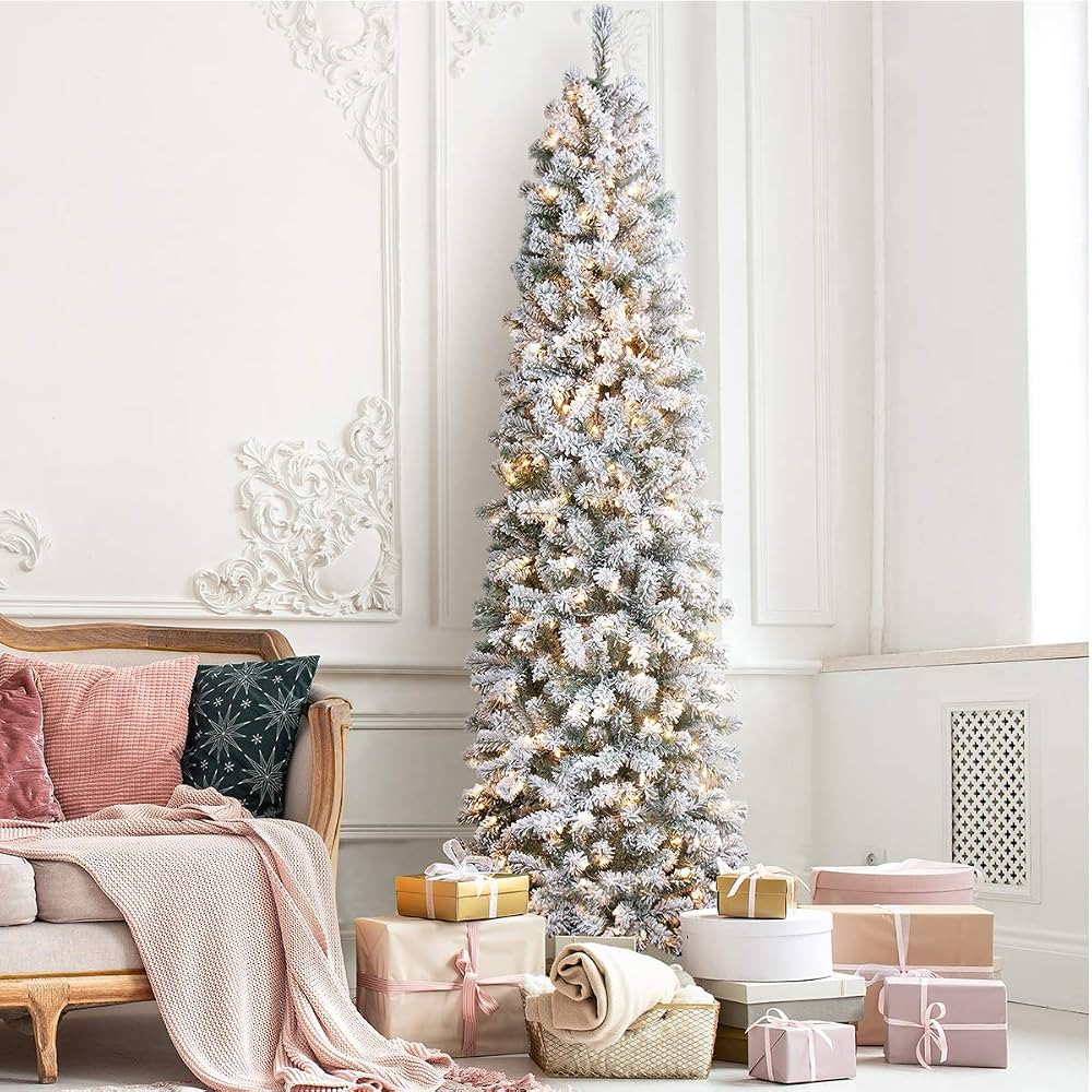 7.5 Foot Prelit Snow Flocked Artificial Pencil Christmas Tree with 350 Clear Lights, Hinged Snowy... | Amazon (US)