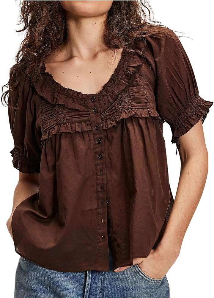 Womens 2025 Summer Trendy Ruffled Top Shapeless Billowy Tunic Swing Blouse with Puff Sleeve | Amazon (US)