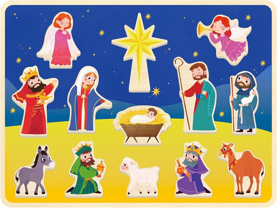 13 Piece Nativity Scene Puzzle, Christmas Wooden Chunky Jigsaw Puzzles for Kids Ages 3-5, Nativit... | Amazon (US)