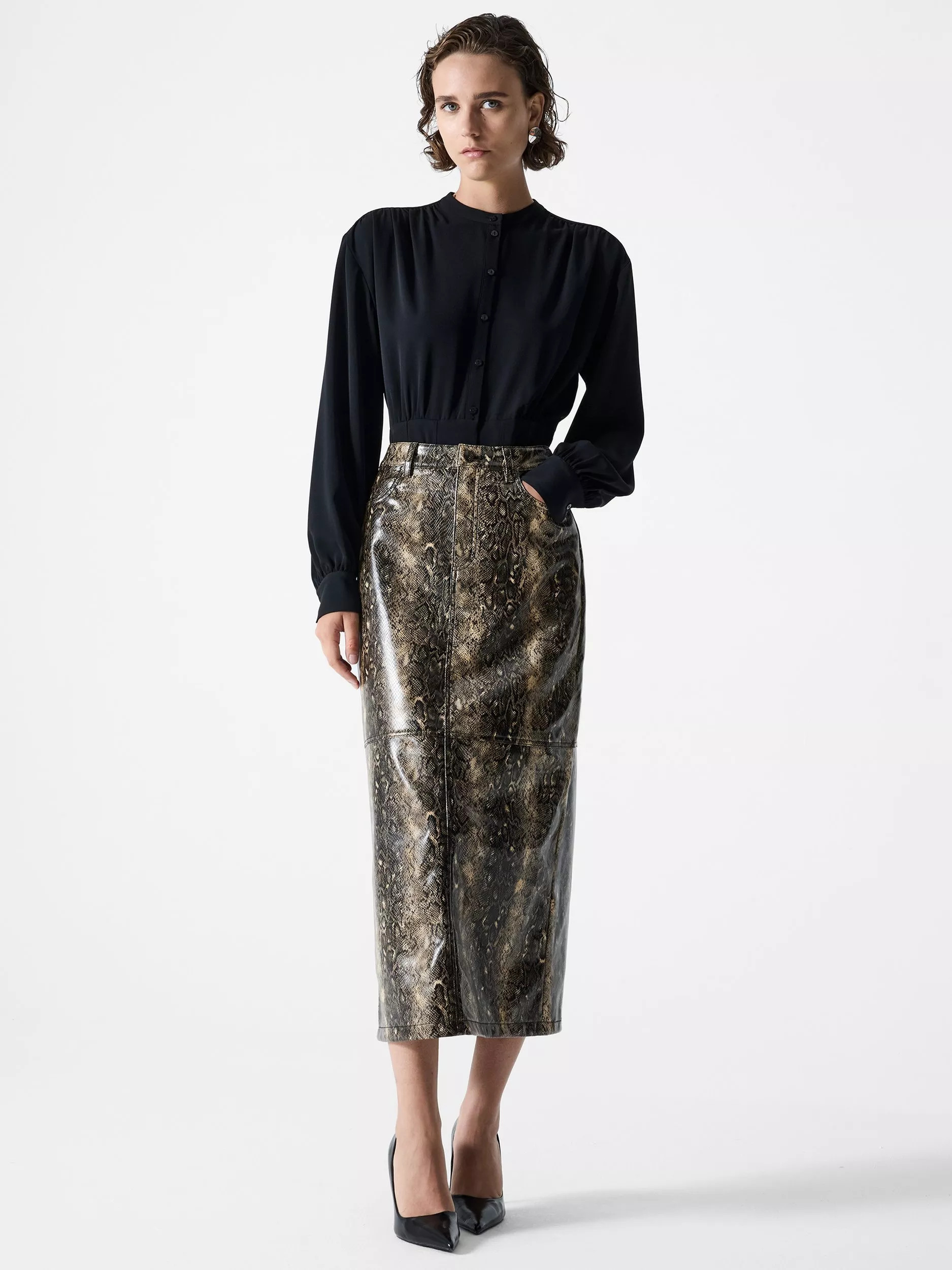 French Connection Brandy Snake Print Faux Leather Skirt, Black/Multi | John Lewis (UK)