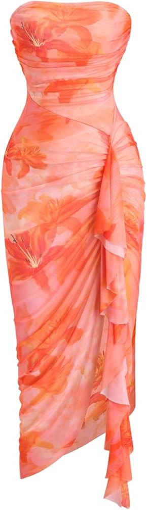 GORGLITTER Floral Strapless Dresses for Women UK Ruched Asymmetrical Ruffle Trim Slimming Midi Co... | Amazon (UK)