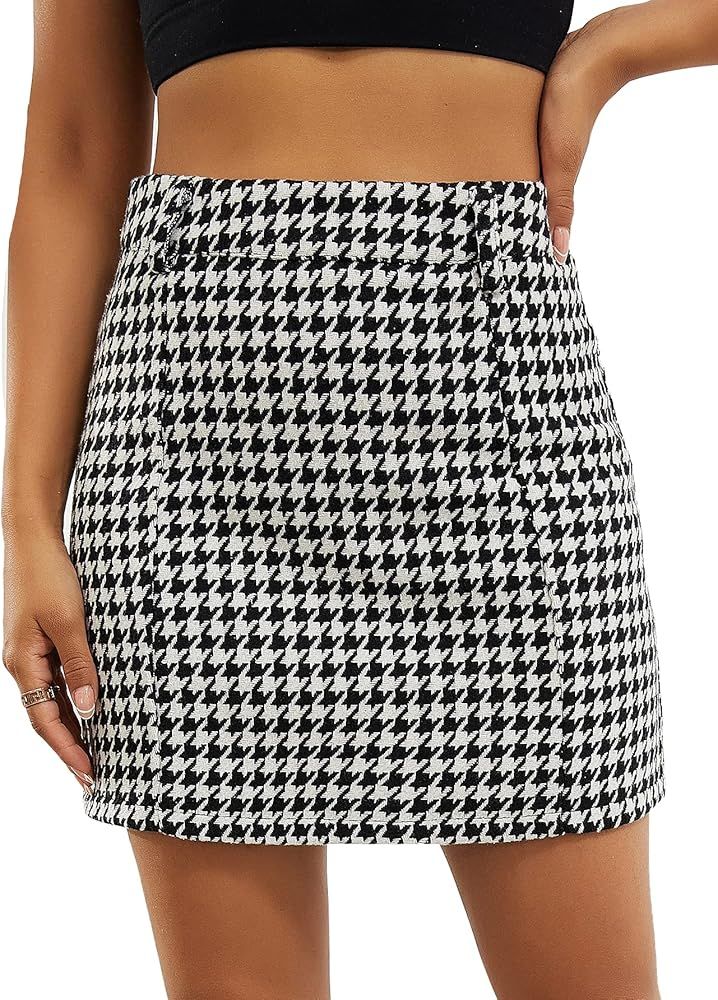 SheIn Women's Elegant Plaid Print High Waist Tweed A Line Short Skirt | Amazon (US)