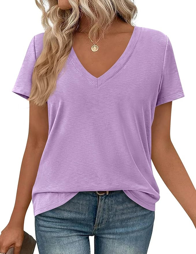 PRETTYGARDEN Womens Tops Short Sleeve Oversized Tshirts Shirts 2026 Summer Casual V Neck Loose Ba... | Amazon (US)