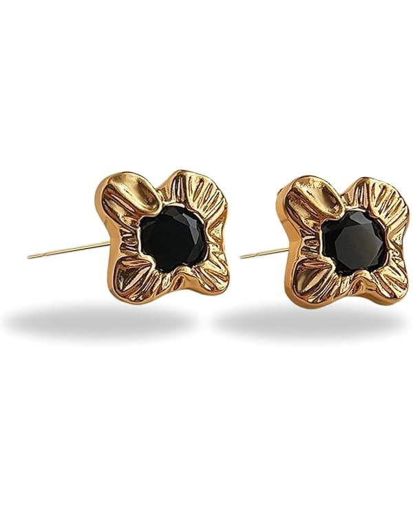 14K Gold Plated Black Vintage Chunky Stud Earrings | for Women | Dainty Trendy Statement Earrings | Amazon (US)