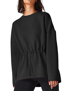 Fisoew Womens Long Sleeve Sweatshirt Drawstring Waist Crewneck Loose Casual Pullover Tops | Amazon (US)