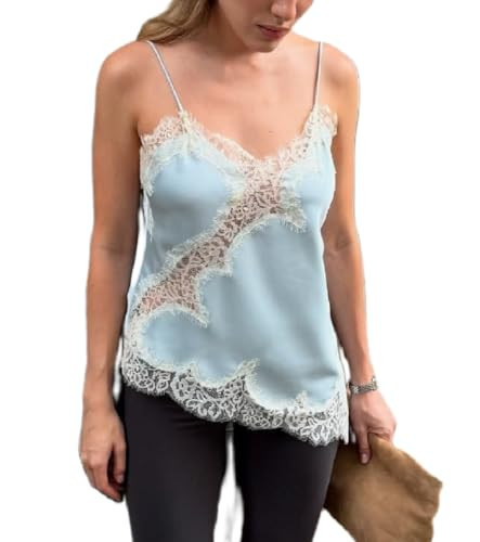 Women Satin Lace Cami Tops Y2k Asymmetrical Camisole Sexy Spaghetti Strap Side Slit Tank Top Trendy Going Out Tops Blue | Amazon (US)