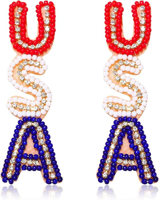 American Flag Earrings - Beaded Heart Star Flag Dangle Drop Patriotic Earrings for Women - Handma... | Amazon (US)