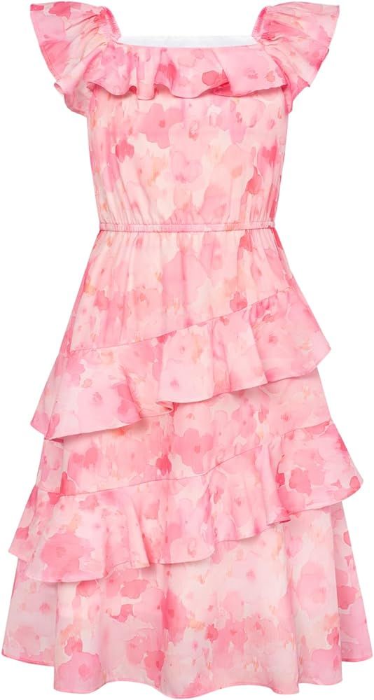 GRACE KARIN Girls Summer Dress A-line Square Neck Floral Ruffle Dress for Girls Size 5-14 Years | Amazon (US)