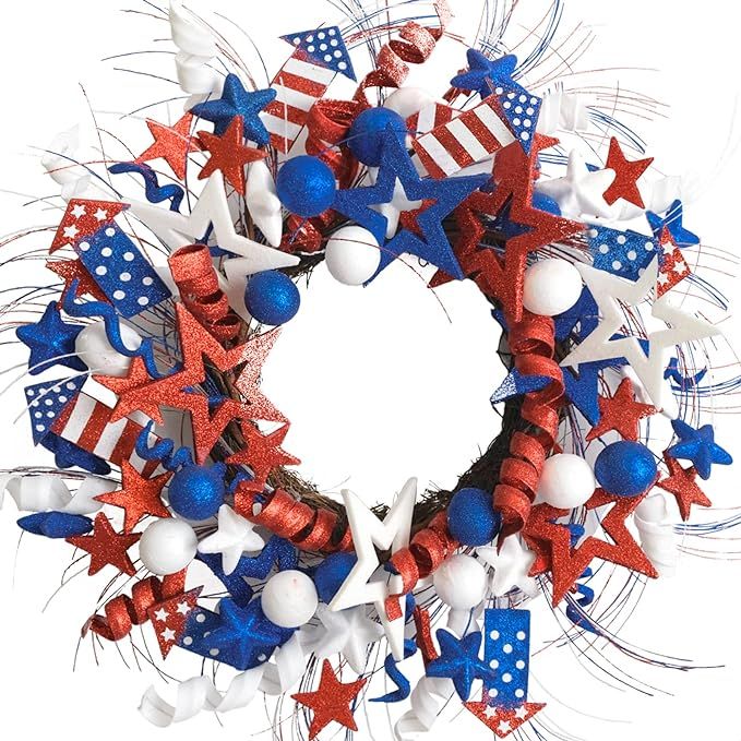 Idyllic 20 Inch Patriotic Red White Blue Glitter Stars Wreath for Front Door, Independence Day Gl... | Amazon (US)