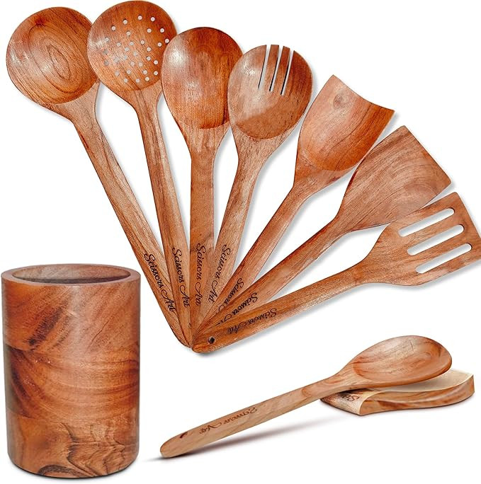 Natural Acacia Wooden Utensils Set - Wooden Cooking Spoons & Nonstick Spatula Set, Serving Spoons... | Amazon (US)