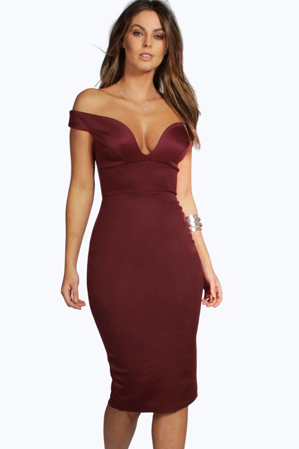 Womens Sweetheart Off Shoulder Bodycon Midi Dress - Red - 10 | Boohoo.com (US & CA)