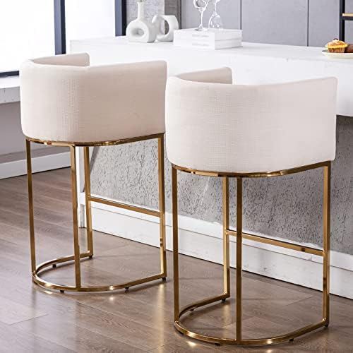 Modern Bar Height Linen Fabric Upholstered Counter Stool Set of 2, 32 inch Barstools with Gold Me... | Amazon (US)