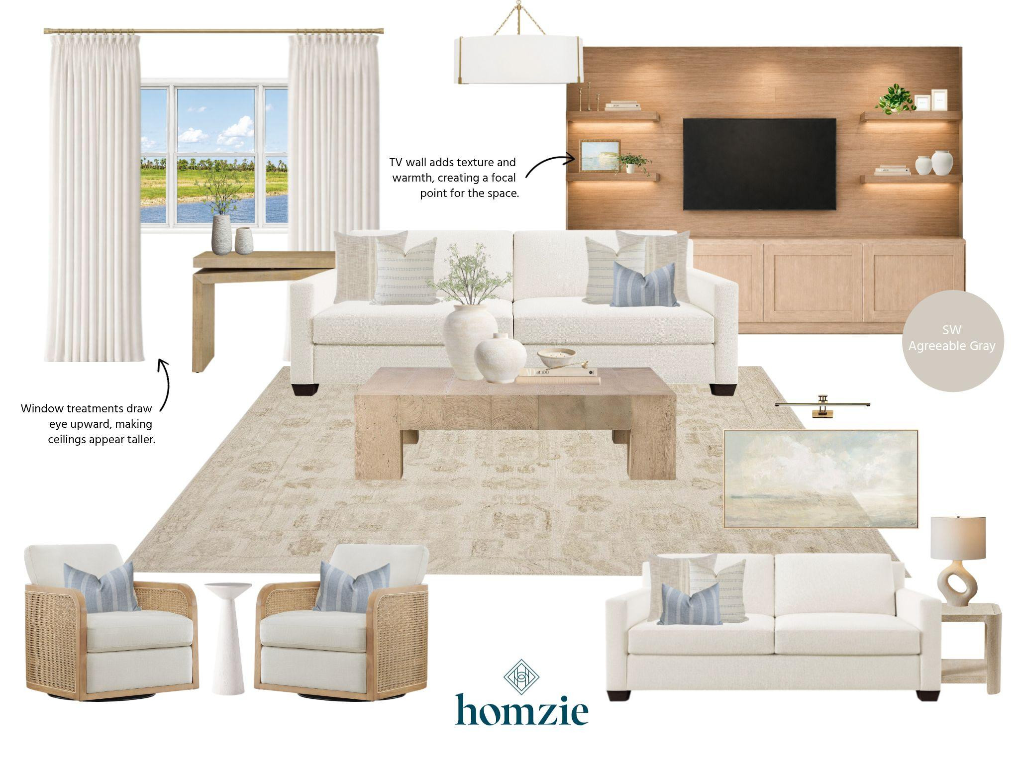 A living room that's warm, welcoming, and designed to stand the test of time. 🤍✨

Soft gray walls create a calming backdrop, while light wood furniture adds warmth and natural texture. A beautifully designed TV wall becomes the focal point of the room, adding depth and character. Floor-to-ceiling window treatments draw the eye upward, making the space feel even more open and airy. Coordinating cream, gray, and blue pillows, touches of greenery, warm brass fixtures, and layered lighting complete the room with a polished, cohesive feel.

Thoughtful details make all the difference in creating a home that feels both beautiful and lived in.

#LTKHome #LivingRoomDesign #NeutralHome #InteriorDesign #HomeDecor #TimelessStyle #LivingRoomInspo #BrassAccents #LTKCreator 

 