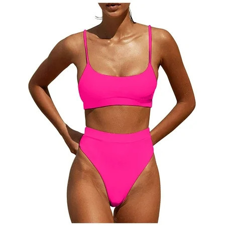 Women Swimsuit Two Piece Bikini Set pure color sling low collar High Waisted BoyShorts Tankinis Sets Female Tummy Control Swimsuits | Walmart (US)