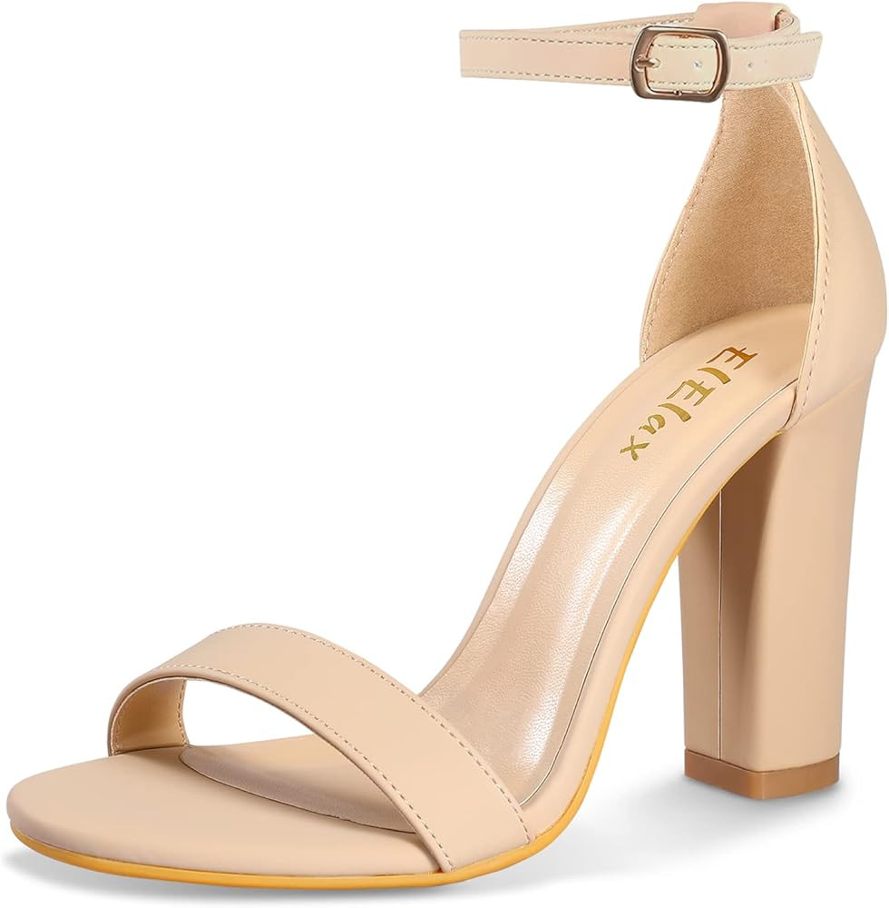 ElElax Nude Black Silver Heels for Women Chunky, 4 Inches Block High Heels Strappy Womens Heels O... | Amazon (US)