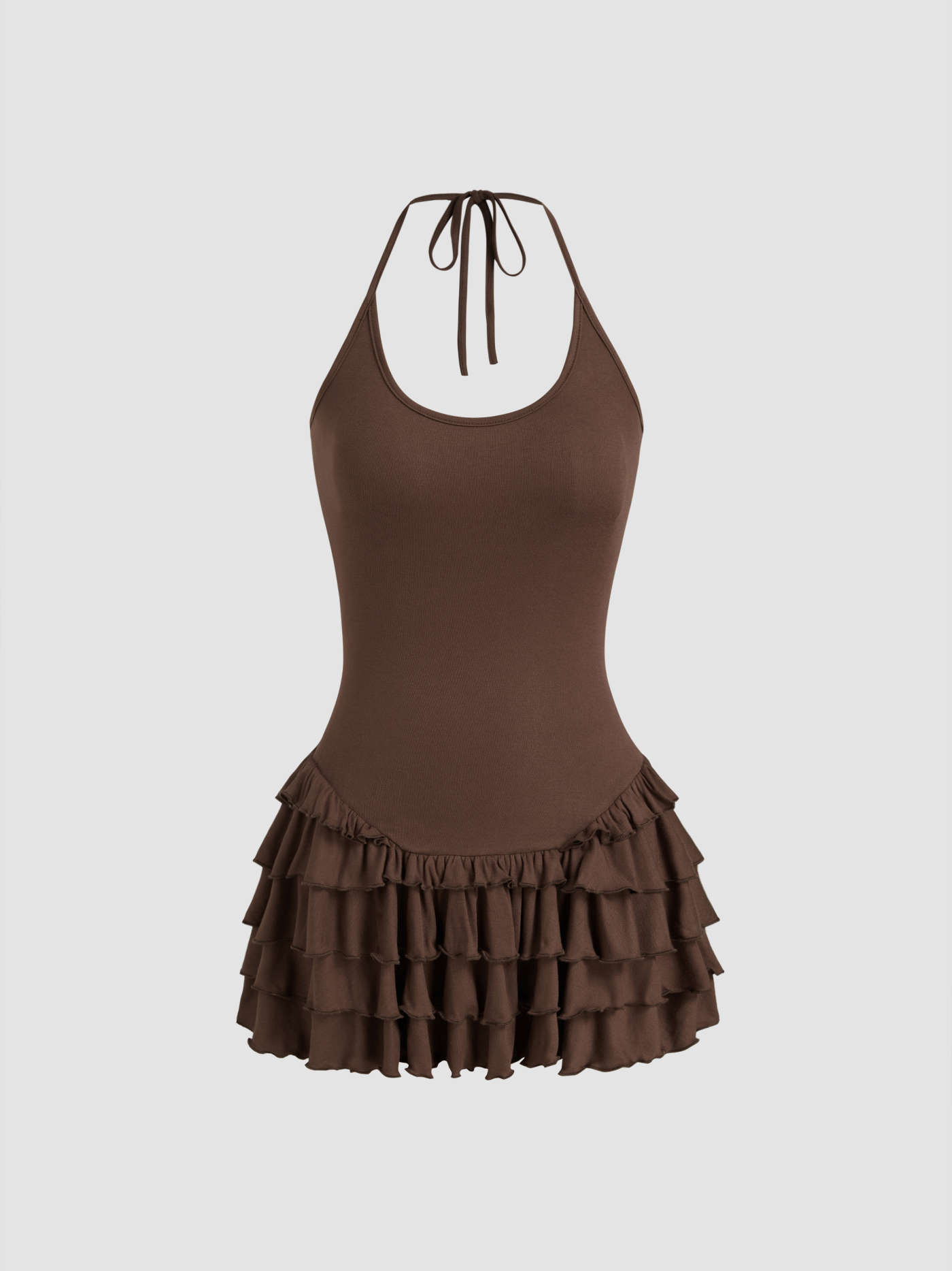 Knit Fabric Halter Neckline Layered Ruffle Hem Mini Dress For Daily Casual | Cider