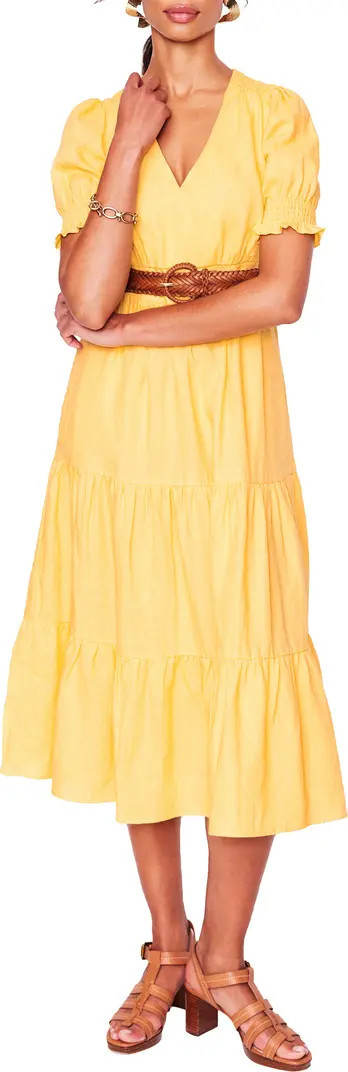 Anna Puff Sleeve Tiered Linen Midi Dress | Nordstrom