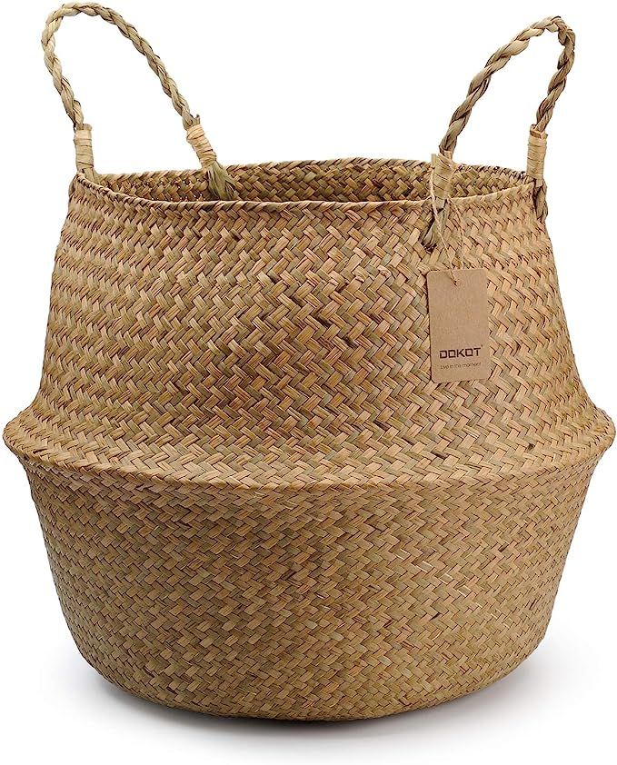 DOKOT Natural Seagrass Belly Basket with Handles, Round Storage Wicker Basket Planter (10.6" Diam... | Amazon (US)